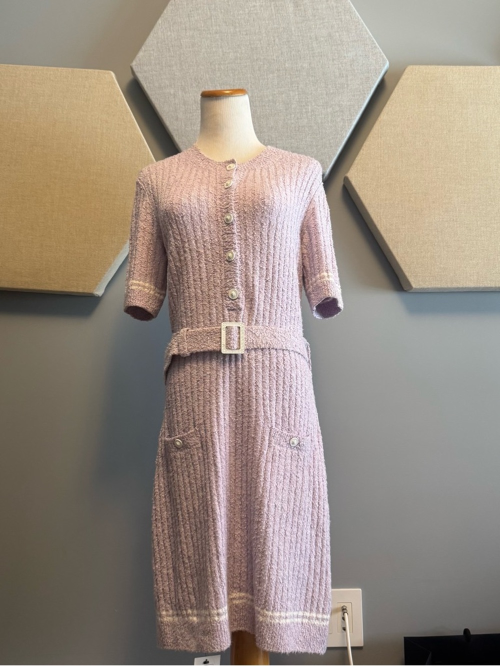 Authentic Chanel 22P Lilac Knit Belted Midi Dress 38